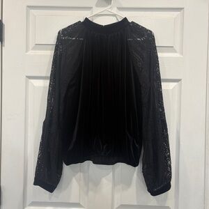 Free People Black Velvet Lace Sleeve Blouse L